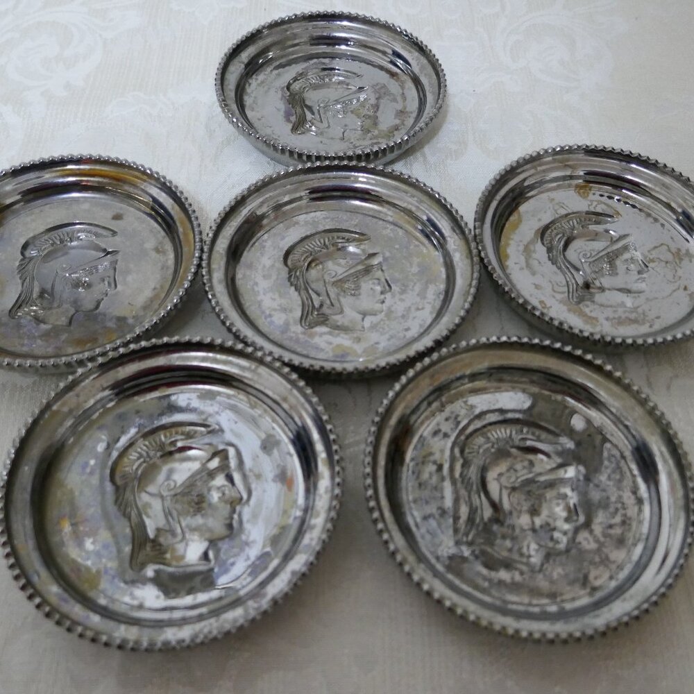 Vintage Mercury Glass Silver Spartan Roman Trojan Head Coasters Set Of 6 3.5”